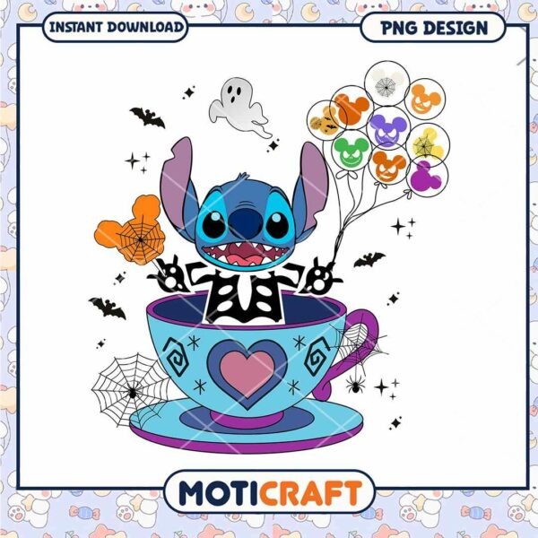 Halloween Stitch cup of tea png, Stitch skeleton png art