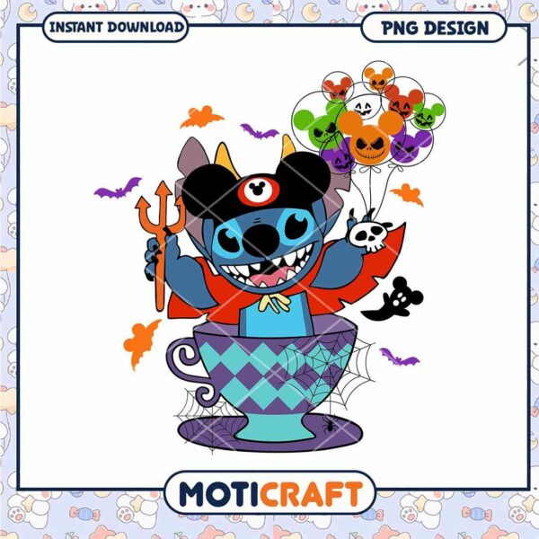 Halloween Stitch cup of tea png, Stitch cosplay png art