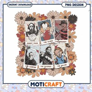 Halloween squad png, Horror killers floral card png
