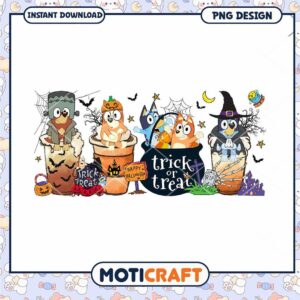 Halloween Bluey trick or treat png, Horror Bluey coffee cups png