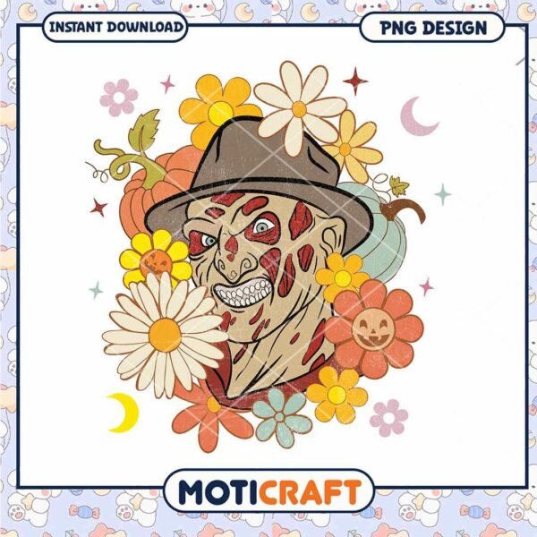 Freddy nightmare killer fall floral art png, Horror killers floral clipart png.