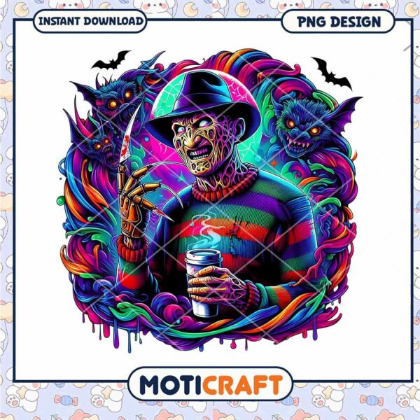 Freddy colorful background poster, Horror killers drinking coffee png