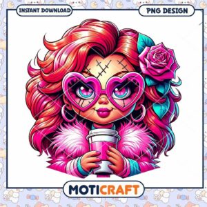 Chucky dolls pink costume png, Horror girly Chucky coffee png