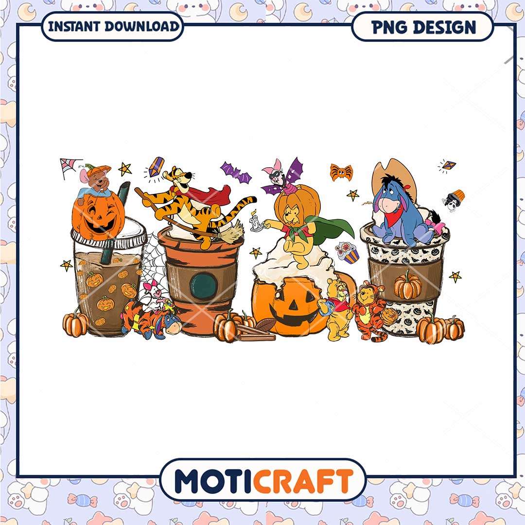 Winnie the Pooh halloween coffee cups png, Disney cartoon halloween png