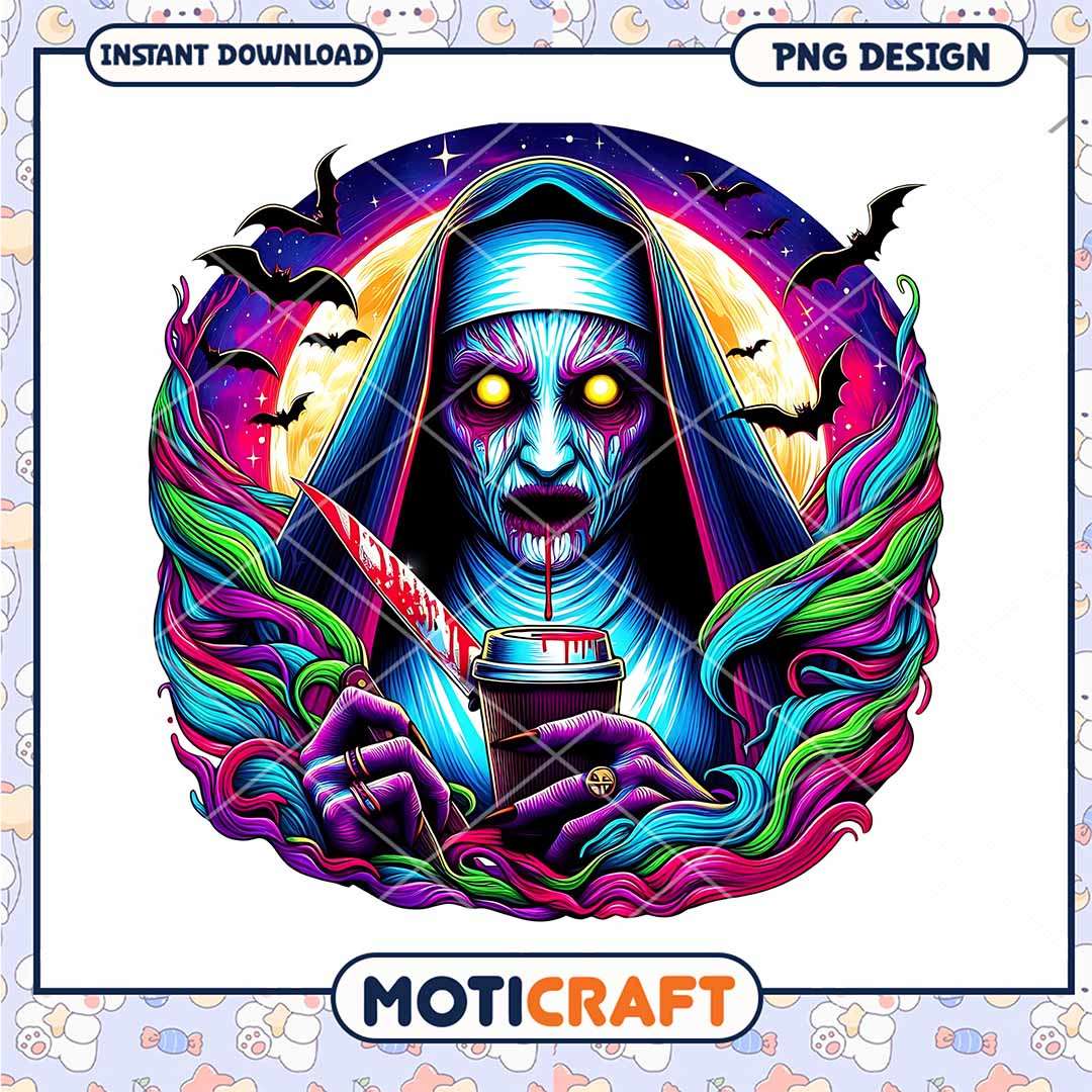 The Nun colorful background poster, Horror killers drinking coffee png