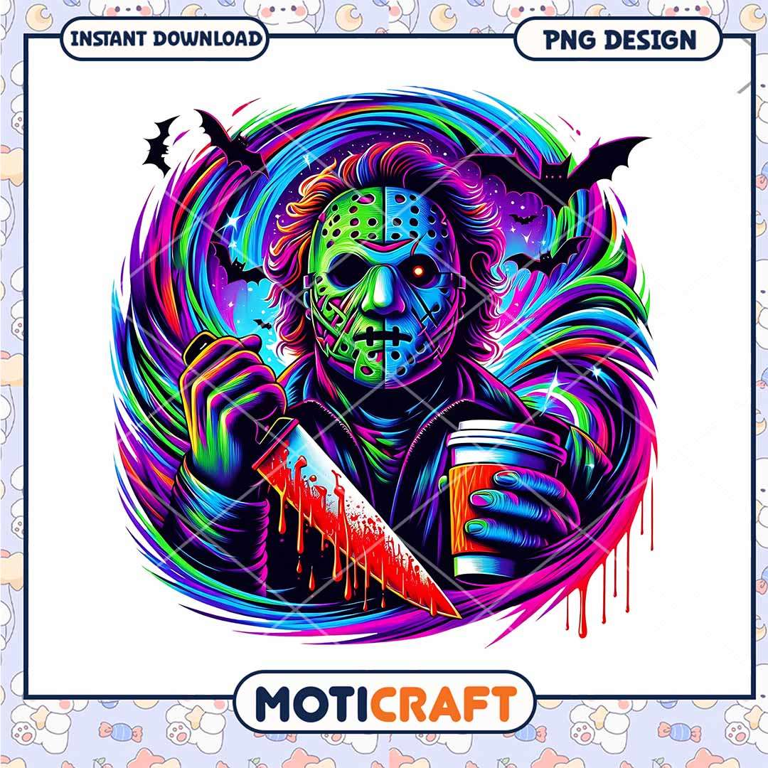 Myers colorful background poster, Horror killers drinking coffee png