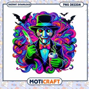 Jigsaw colorful background poster, Horror killers drinking coffee png