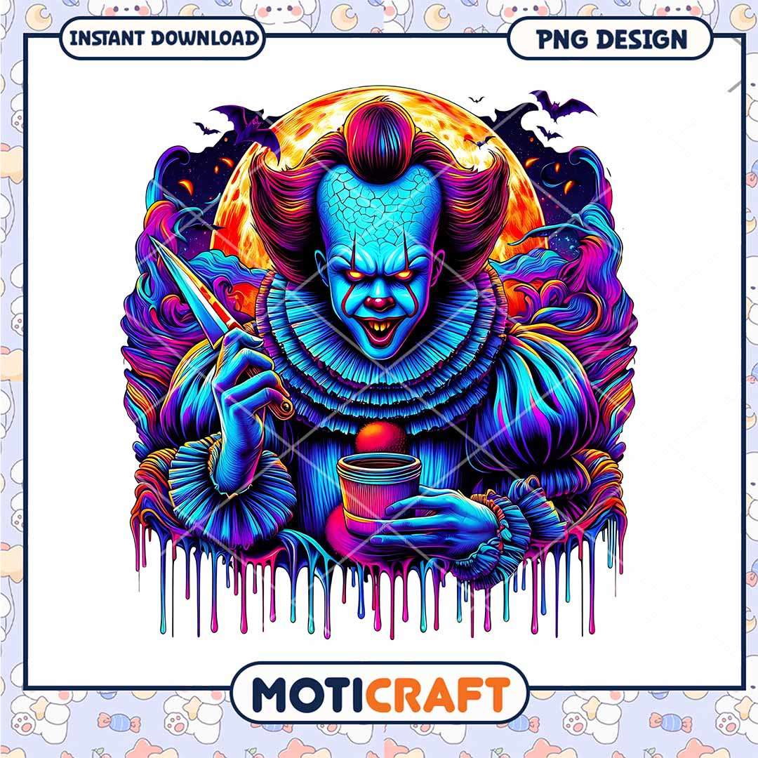 IT Pennywise colorful background poster, Horror killers drinking coffee png IT Pennywise colorful background poster, Horror killers drinking coffee png