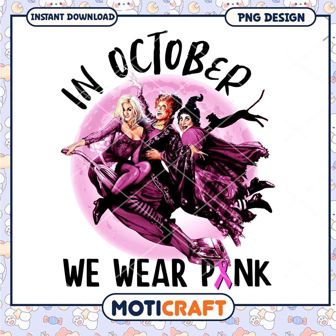 In October we wear pink Hocus Pocus witches flying, Magic pink witches png