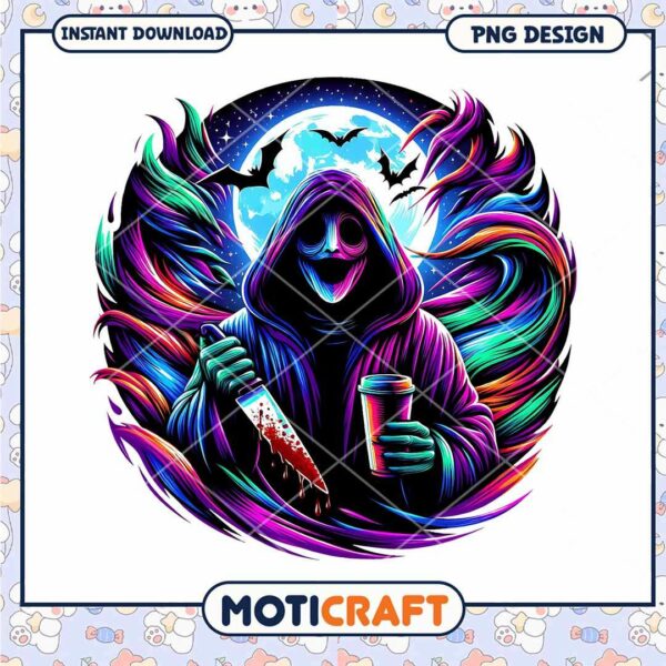Horror face colorful background poster, Horror killers drinking coffee png