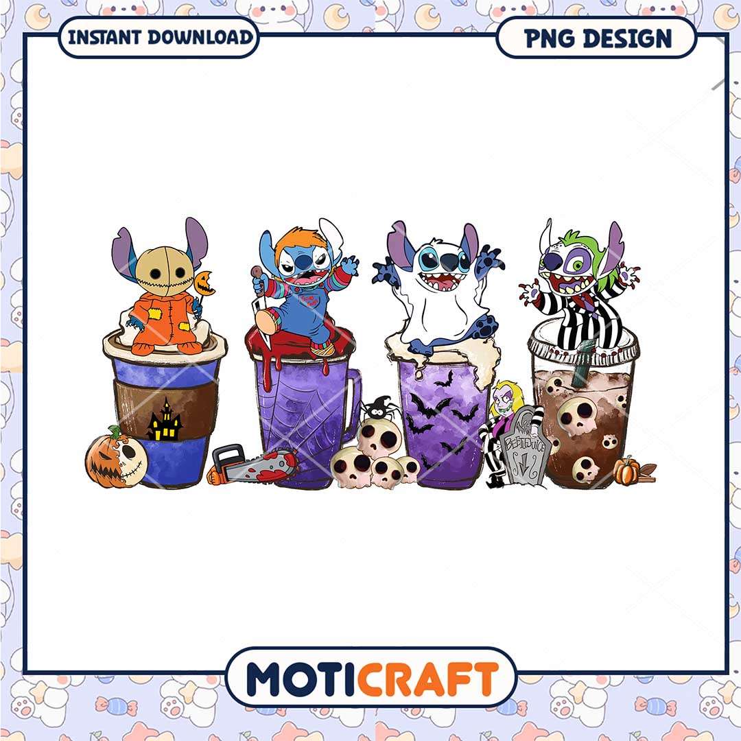 Horror characters Stitch coffee cups png, Halloween Stitch png