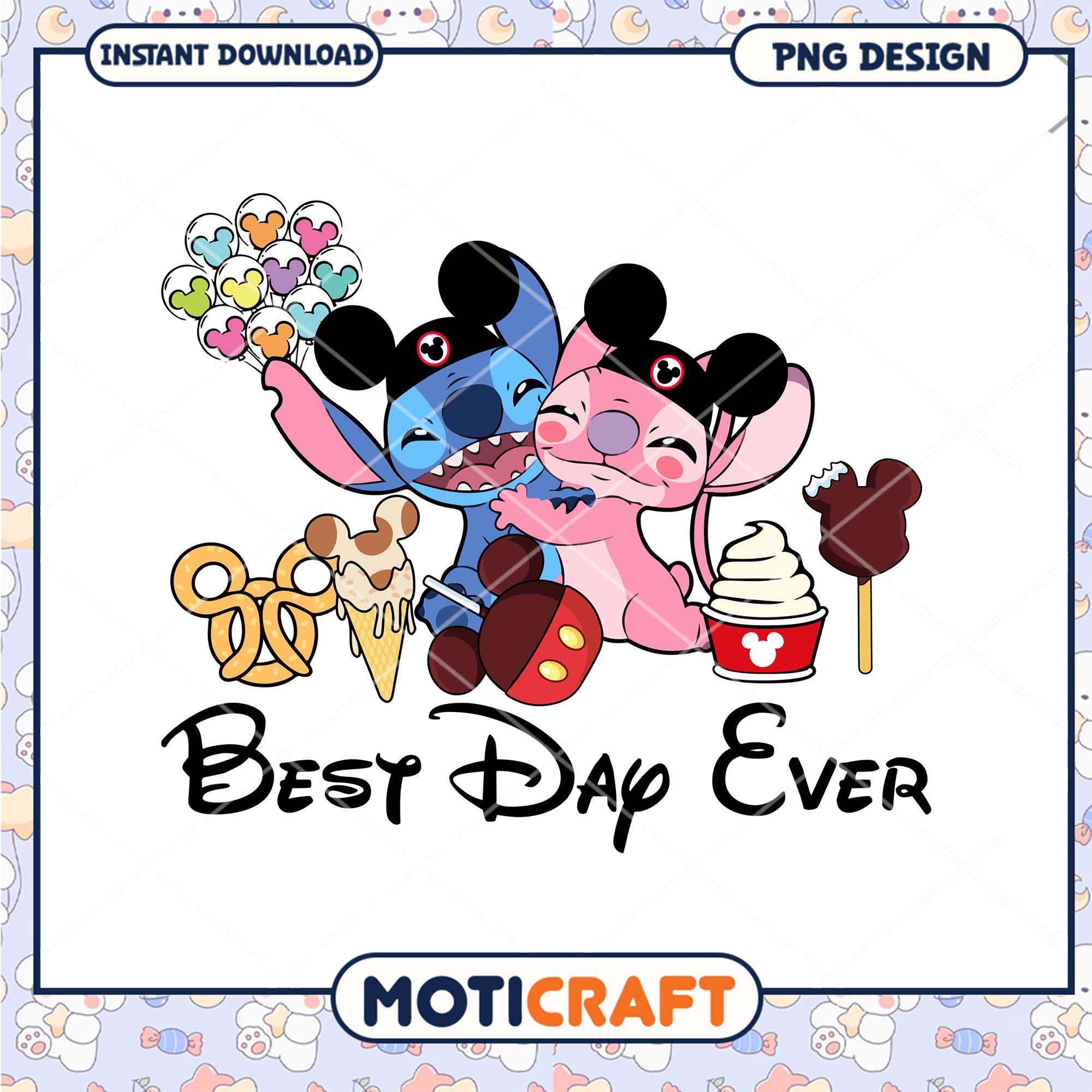 Stitch and Angel Best day ever png, Disney Stitch couple Mickey ears png