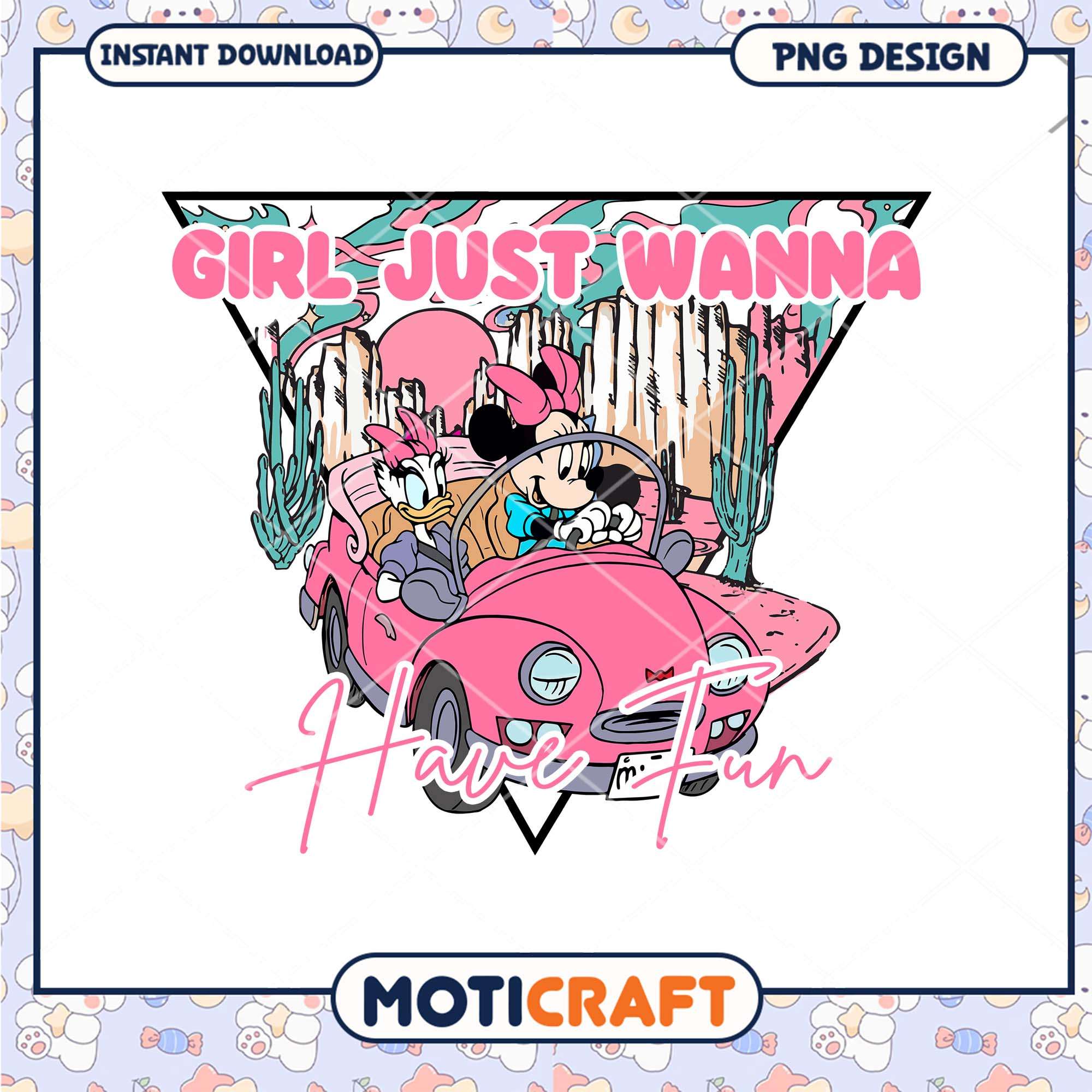 Disney girl just wanna have fun png, Disney Minnie and Daisy on car png