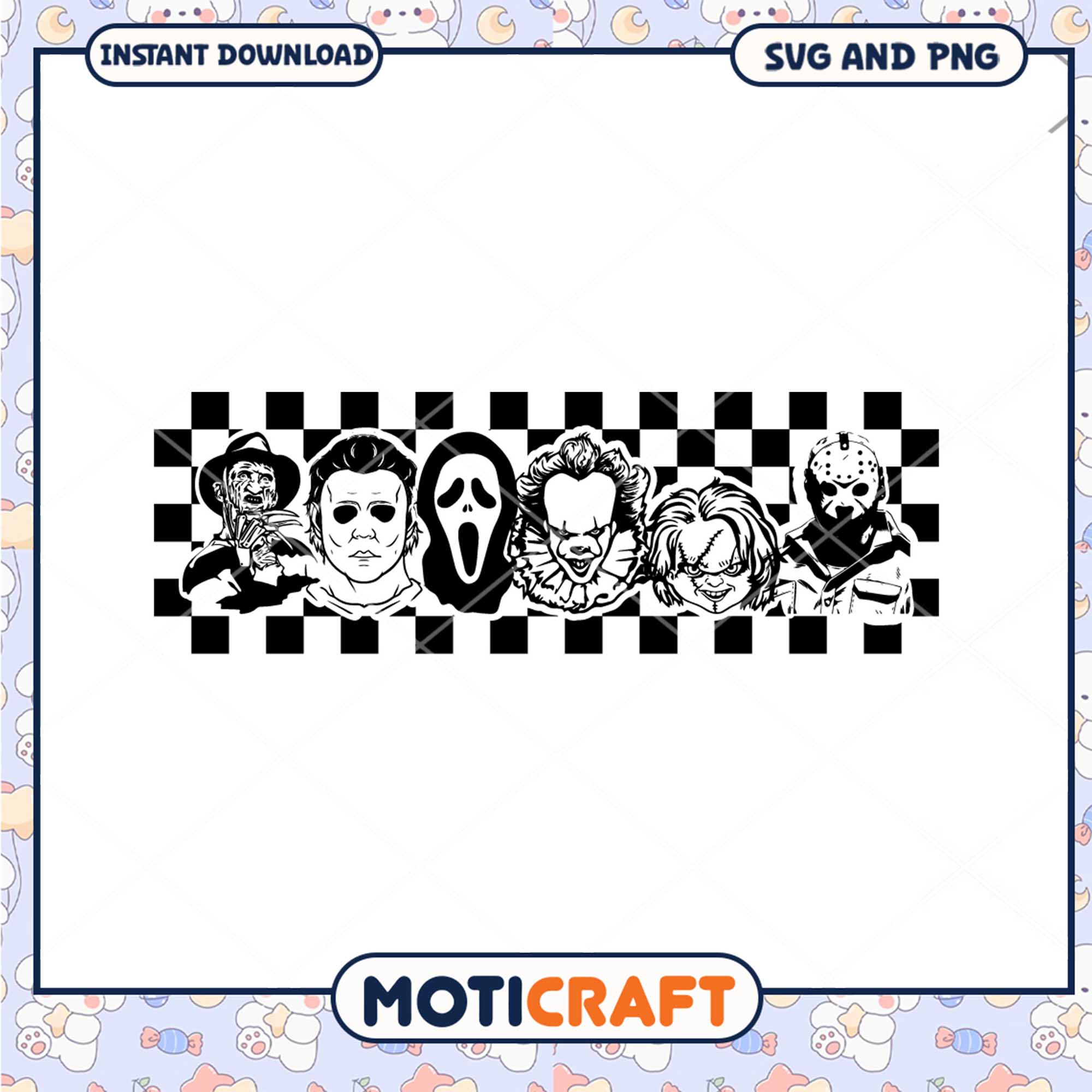 Horror killers checkered art png, Hallowee killers squad png.png