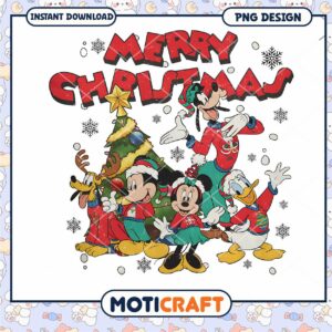 Merry Christmas PNG design featuring beloved Disney characters, instant download available