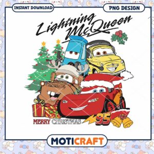 Lightning McQueen Christmas PNG design for instant download, festive cars and gifts included