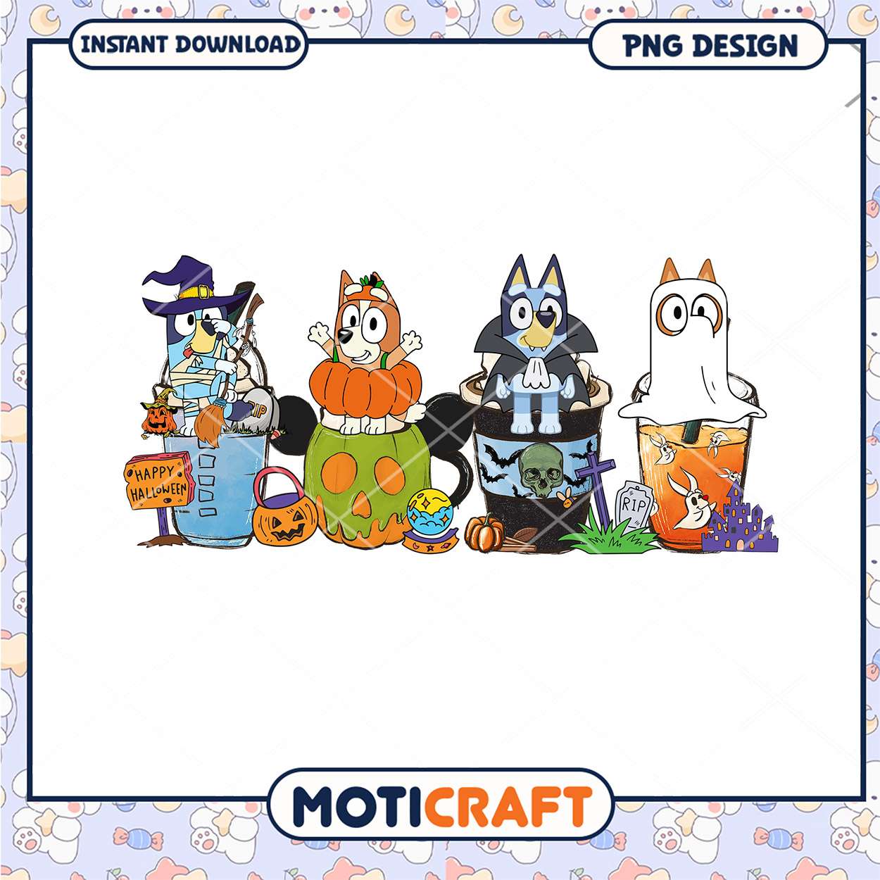 Colorful Halloween Characters in Cups, Perfect for Festive Decor