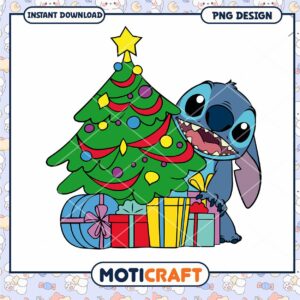 Christmas Tree PNG Design, cheerful Stitch with gifts and decor