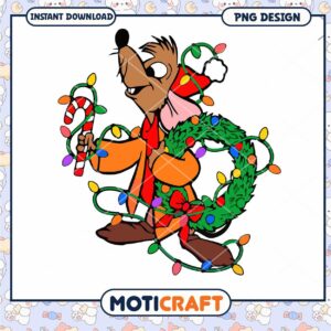 Christmas Character Holding Candy Cane, Wreath and Lights PNG Design