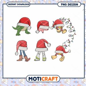 Christmas Cartoon Characters with Santa Hats, Fun PNG Design for Download