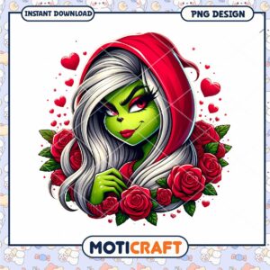 Grayscale Fantasy Girl with Hearts and Roses PNG Instant Download