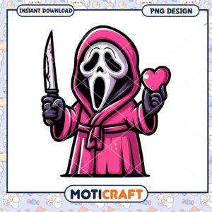 Funny Pink Ghost with Knife and Heart PNG Design for Download