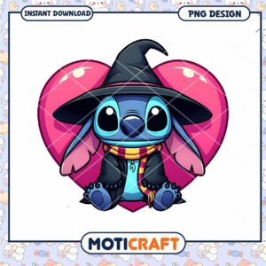 Cute Witch Stitch PNG Design with Heart Background Instant Download