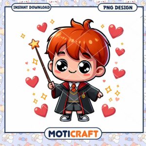 Cute Wizard Boy PNG Design with Wand and Hearts Instant Download