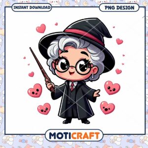 Cute Witch Character PNG Design with Hearts for Instant Download