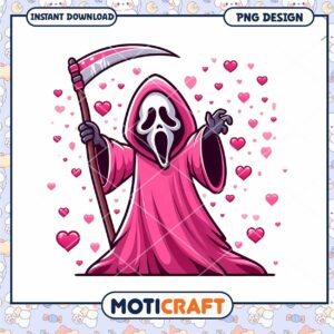 Cute Pink Grim Reaper with Hearts PNG Design Instant Download Art