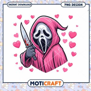 Cute Pink Ghost with Knife and Hearts PNG Design for Downloads