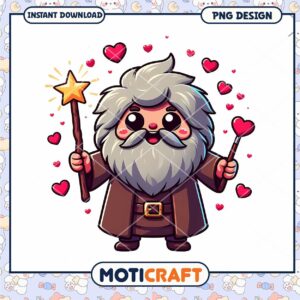 Cute Magic Wizard Character with Hearts Instant Download PNG Design