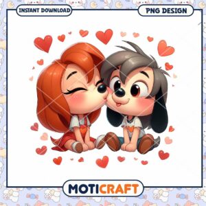 Cute Kissing Cartoon Characters Heart PNG Instant Download Design