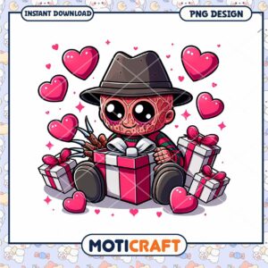 Cute Horror Character with Gifts and Hearts PNG Instant Download