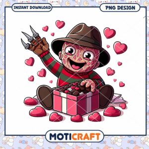 Cute Horror Character with Chocolate Gift Box and Hearts PNG Design