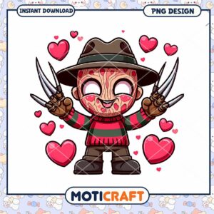 Cute Freddy Krueger Illustration with Hearts PNG Instant Download