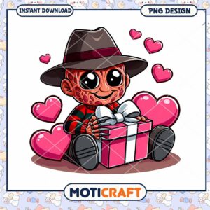 Cute Freddy Krueger Character with Hearts and Gift PNG Design