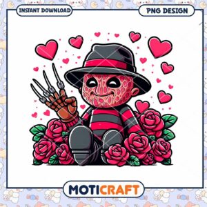 Cute Freddy Krueger Cartoon PNG Design with Roses and Hearts