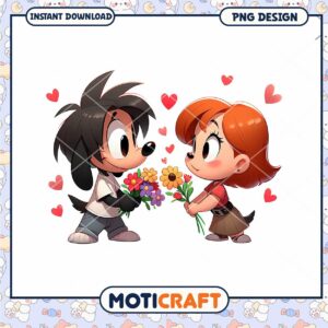 Cute Couple Cartoon Design with Flowers for Instant Download PNG