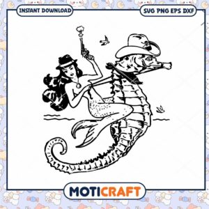 Mermaid riding seahorse with gun, fun and whimsical illustration design
