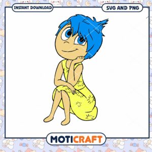 Cheerful Blue Character Sitting in Yellow Dress SVG Art