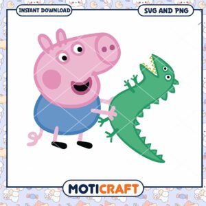 Peppa Pig holding a green dinosaur toy