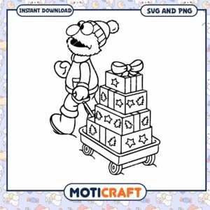 Elmo pulling a cart of gifts
