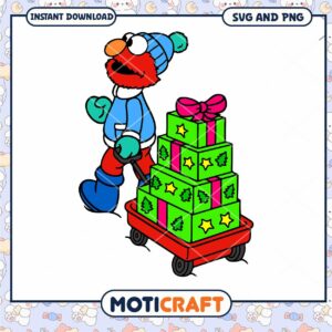 Elmo carrying gifts on a wagon