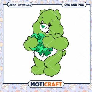 Cute Green Bear Holding Clovers, Instant Download SVG and PNG