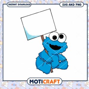 Cute Cookie Monster Holding Blank Sign, Perfect for Custom Designs