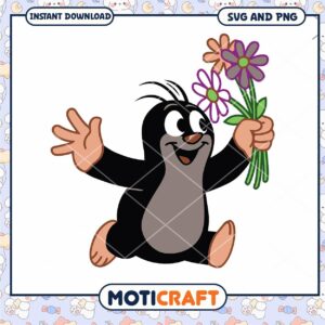 Cute cartoon mole holding flowers, perfect for crafting projects