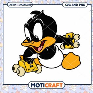Cute cartoon duck character with toy car, instant download SVG PNG