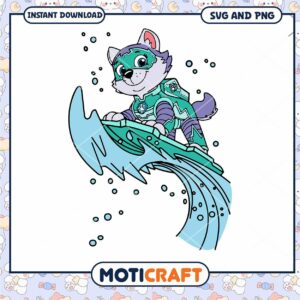 Cute cartoon dog surfing on the waves, download SVG and PNG files
