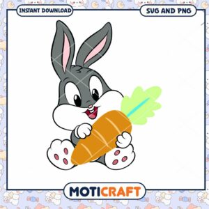 Cute cartoon bunny holding a carrot, instant download SVG PNG file